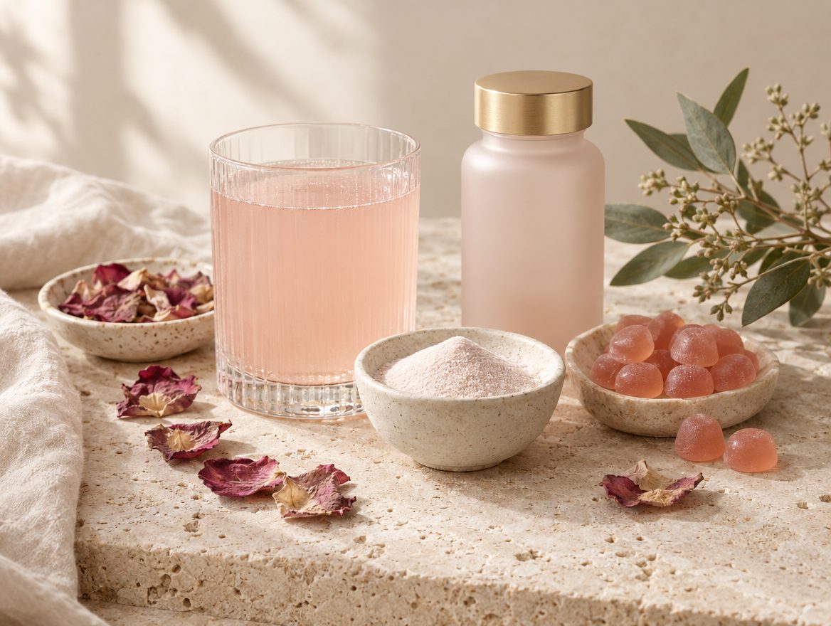 Beauty-from-within collagen drink and supplement formats
