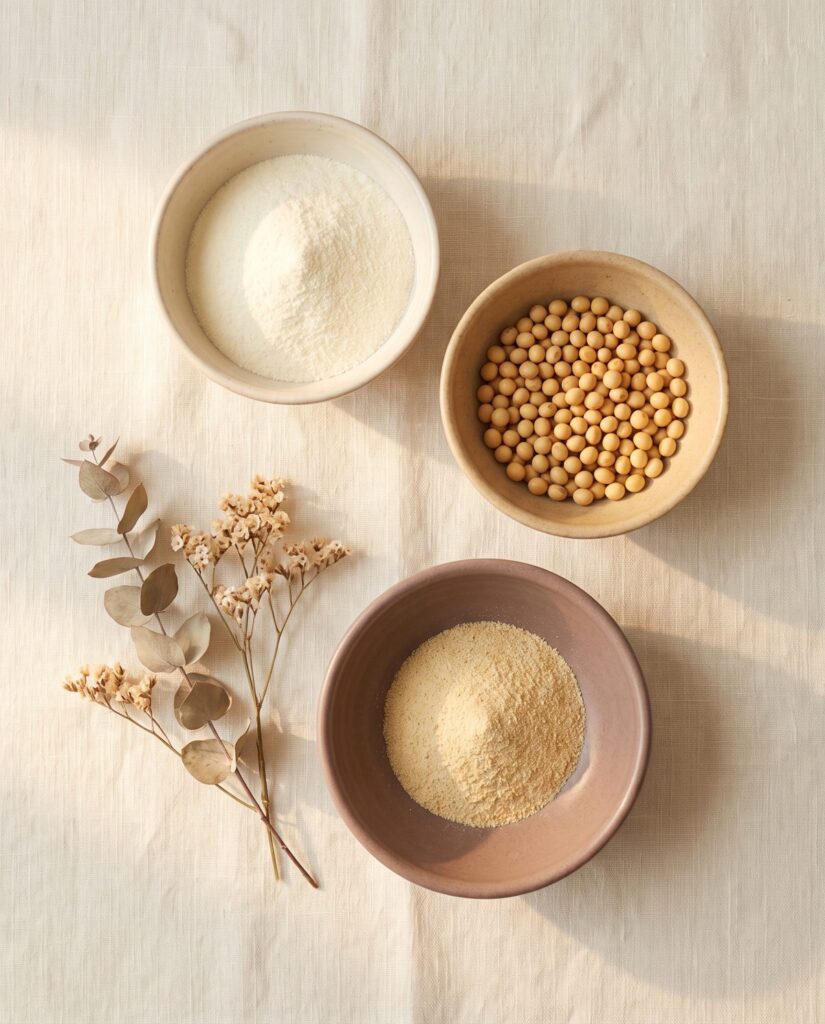 Bowls of milk powder, soybeans and enzyme blend ingredients