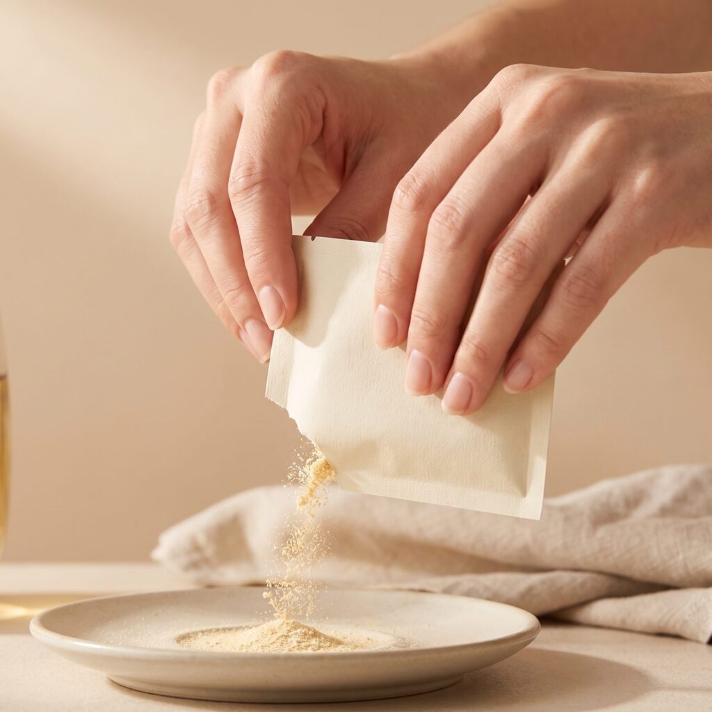 Hand pouring supplement powder from a sachet